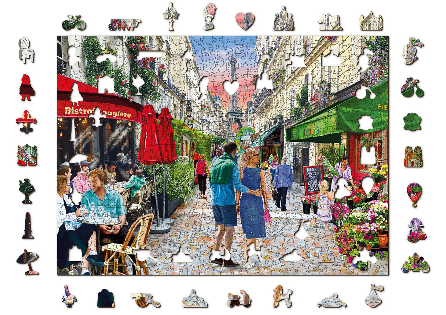 Wooden Jigsaw Puzzle "Paris Bistro" 200, 500, 750, 1000 pcs Landscape Eiffel Unique Shaped Pieces Adults Kids Wooden.City