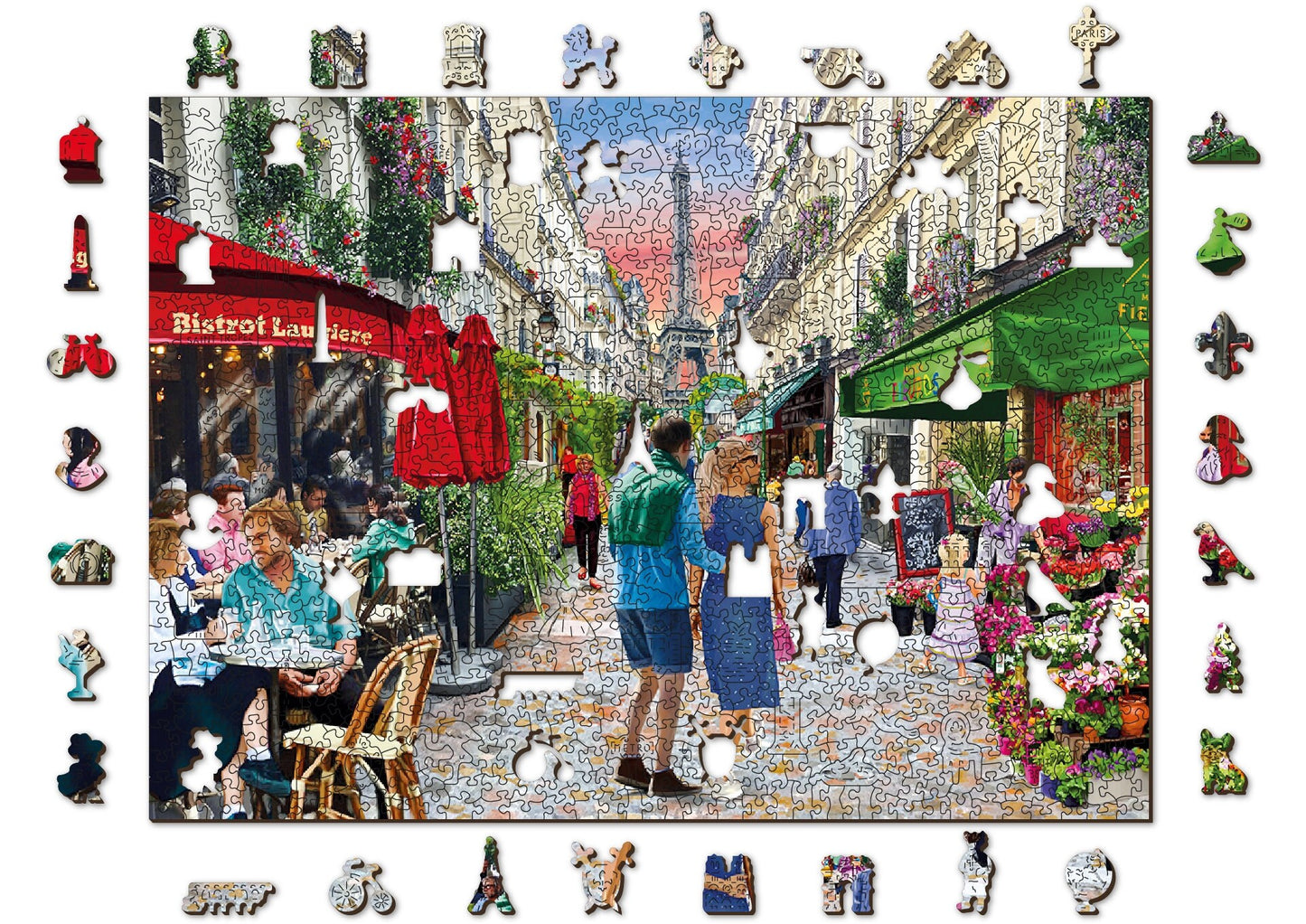 Wooden Jigsaw Puzzle "Paris Bistro" 200, 500, 750, 1000 pcs Landscape Eiffel Unique Shaped Pieces Adults Kids Wooden.City