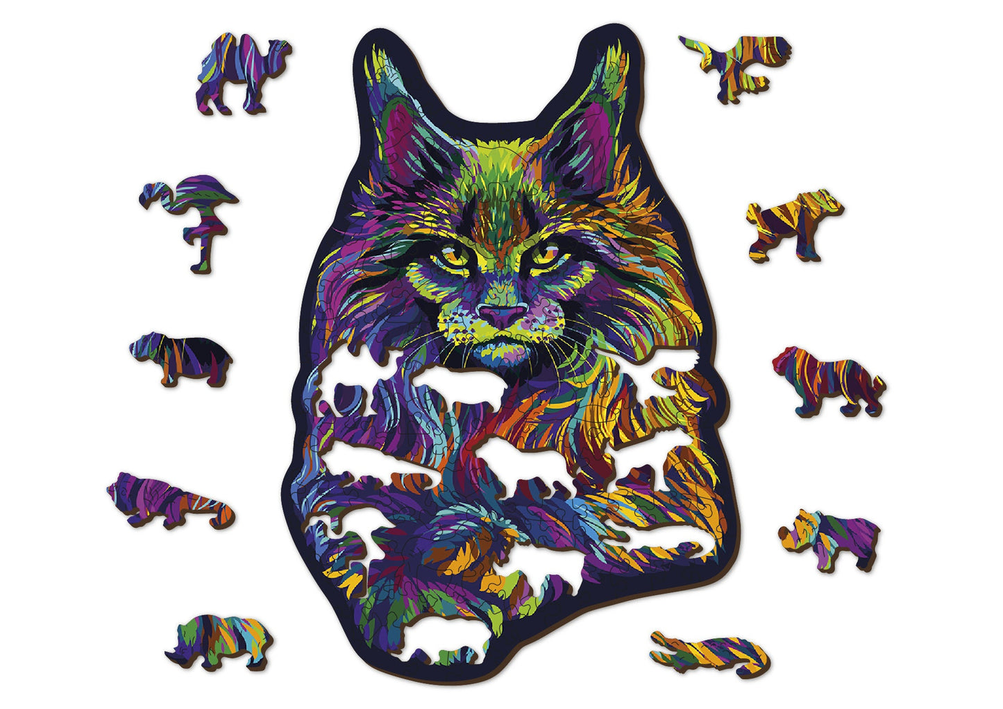 Wooden Jigsaw Puzzle "Rainbow Wildcat" 140, 274 pcs Unique Gradient Animal Shaped Pieces Wood Mosaic Gifts Kids Adults Wooden.City