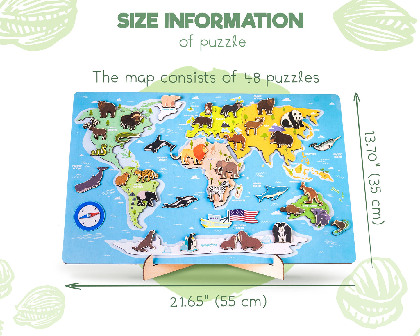 Big World Map Puzzle with Animals | Gift for Kids | Educational Wood Toys | Geography for Kids | Preschool Activities | Toddler Gifts