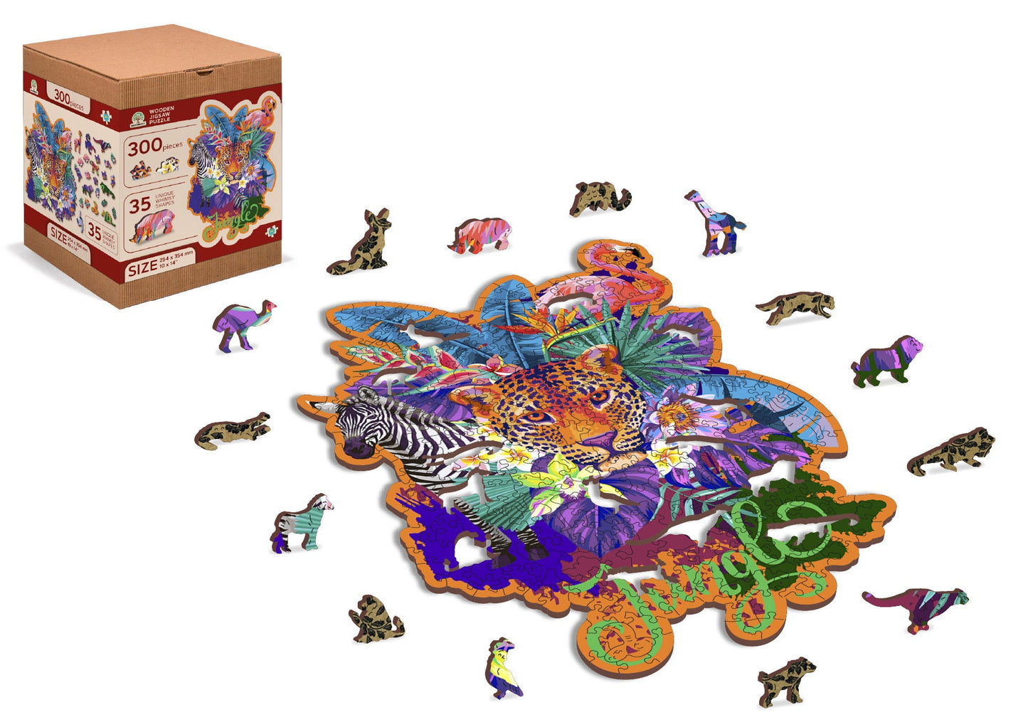 Wooden Jigsaw Puzzle "Jungle Wildlife" 155, 300 pcs Unique Unusual Animal Shaped Pieces Mosaic Kids Adults Wooden City