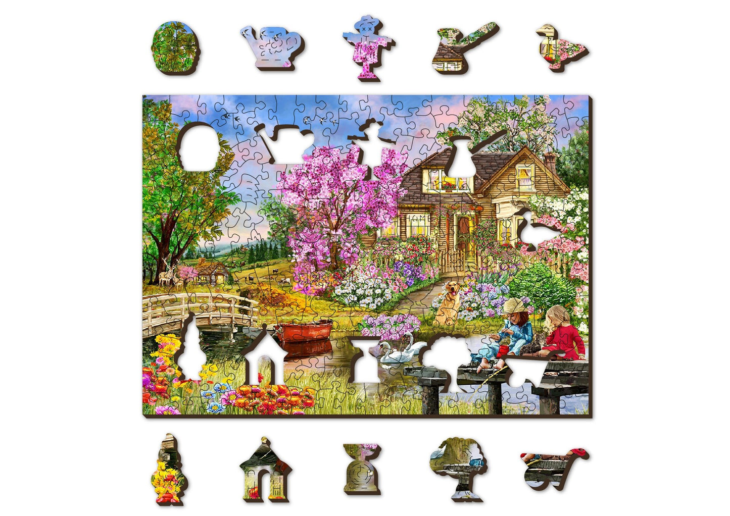 Wooden Jigsaw Puzzle "Springtime Cottage" 200, 500, 1000 pcs Garden Home Adults Kids Unusual Shape Pieces Wooden.City