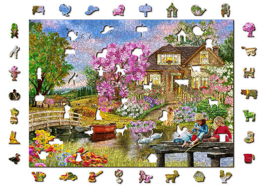 Wooden Jigsaw Puzzle "Springtime Cottage" 200, 500, 1000 pcs Garden Home Adults Kids Unusual Shape Pieces Wooden.City