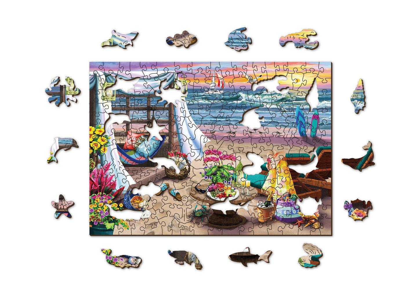 Wooden Jigsaw Puzzle "Summertime" 200, 500, 750, 1000 pcs Beach Oasis Adults Kids Landscape Unique Shaped Pieces Wooden.City