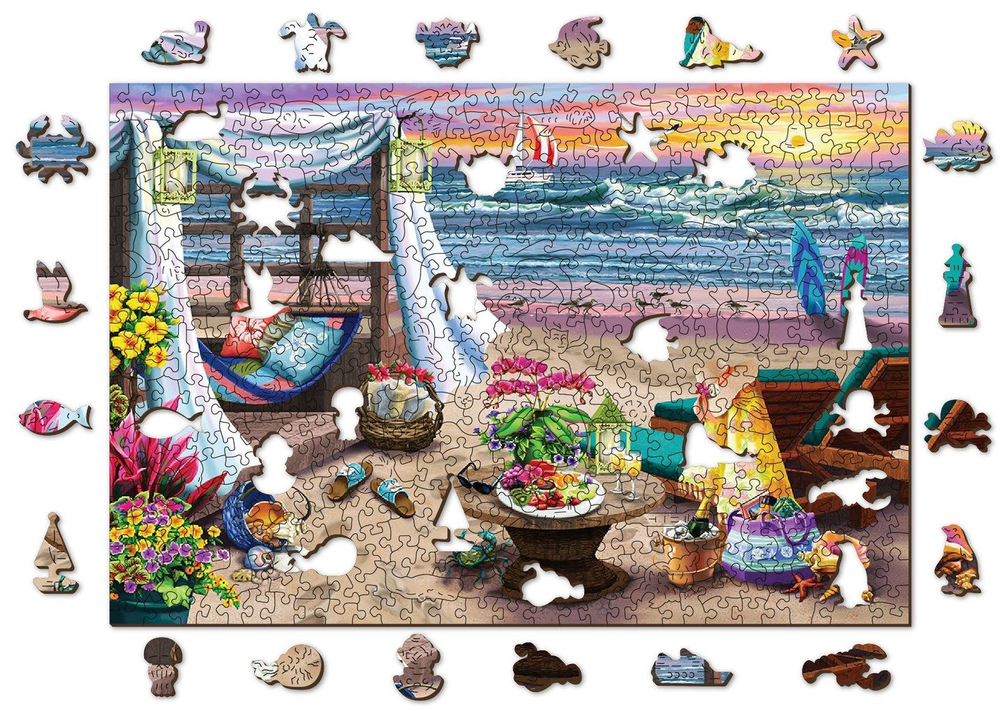 Wooden Jigsaw Puzzle "Summertime" 200, 500, 750, 1000 pcs Beach Oasis Adults Kids Landscape Unique Shaped Pieces Wooden.City