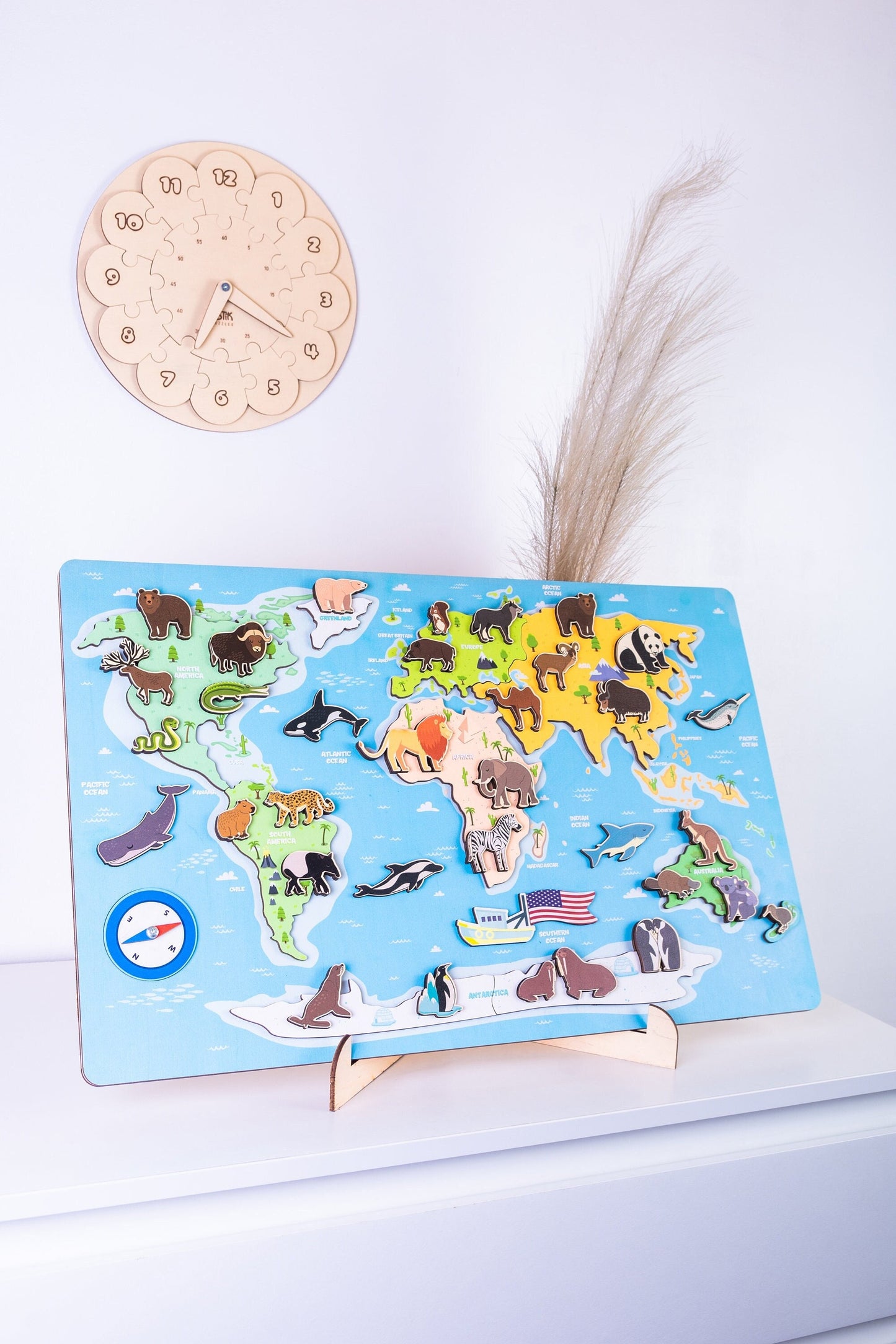 Big World Map Puzzle with Animals | Gift for Kids | Educational Wood Toys | Geography for Kids | Preschool Activities | Toddler Gifts