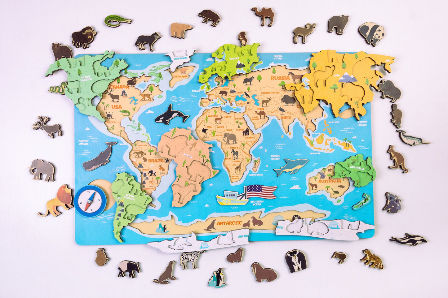 Bright World Map with Animals for Kids, Educational Wooden Toys, World Map Puzzle, Montessori toys, Birthday Gifts for Kids, Back to School