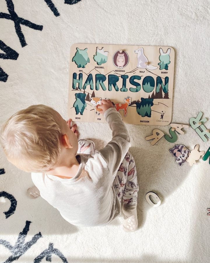 Personalized Baby Gifts | Montessori Toys | Baby Name Puzzle | Name Board with Peg | Woodland Animals | First Birthday Gift | Baby Name Gift