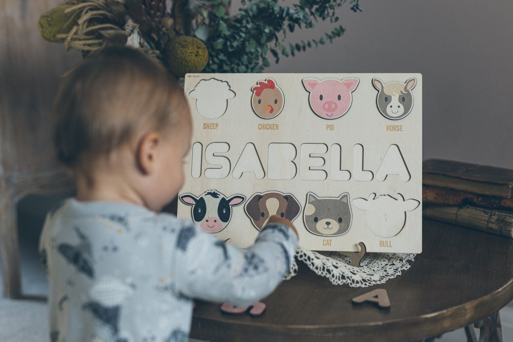 Wooden Name Puzzle with Farm Animals Shape and Letters  -Educational Toys - Montessori - Birthday Gift - Nursery Decoration-Christmas Gift