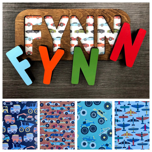 Personalized little boys name puzzle/ wood learning puzzles/ gift for toddler boy/ vehicles, trucks, cars, airplane