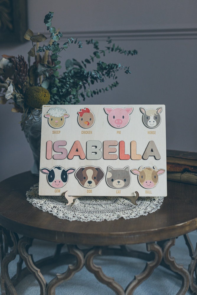 Wooden Name Puzzle with Farm Animals Shape and Letters  -Educational Toys - Montessori - Birthday Gift - Nursery Decoration-Christmas Gift