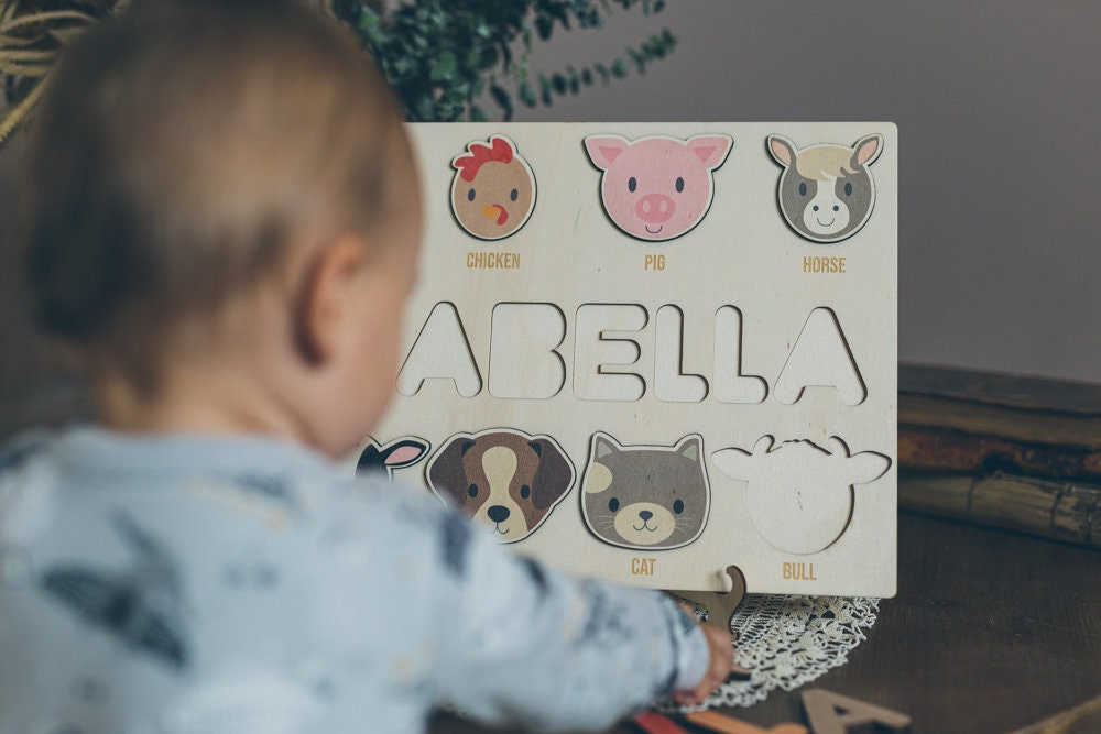 Wooden Name Puzzle with Farm Animals Shape and Letters  -Educational Toys - Montessori - Birthday Gift - Nursery Decoration-Christmas Gift