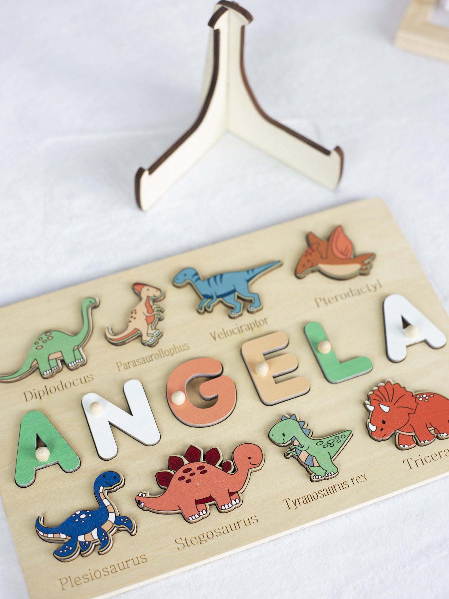 Personalized Baby name puzzle-Dinosaurs Wood puzzle -Birthday gift for boy- Toddlers name puzzle with pegs Baptism