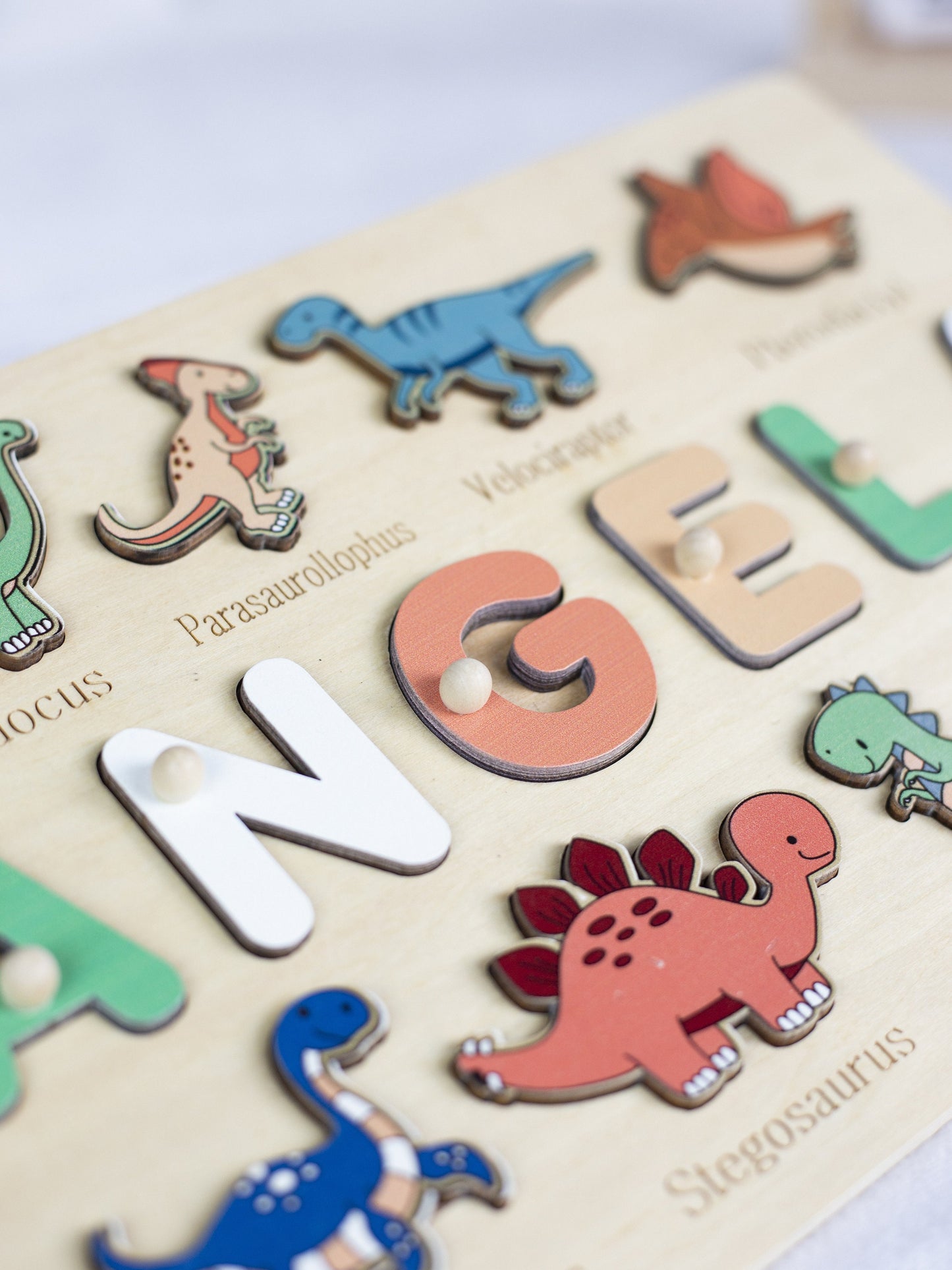 Personalized Baby name puzzle-Dinosaurs Wood puzzle -Birthday gift for boy- Toddlers name puzzle with pegs Baptism