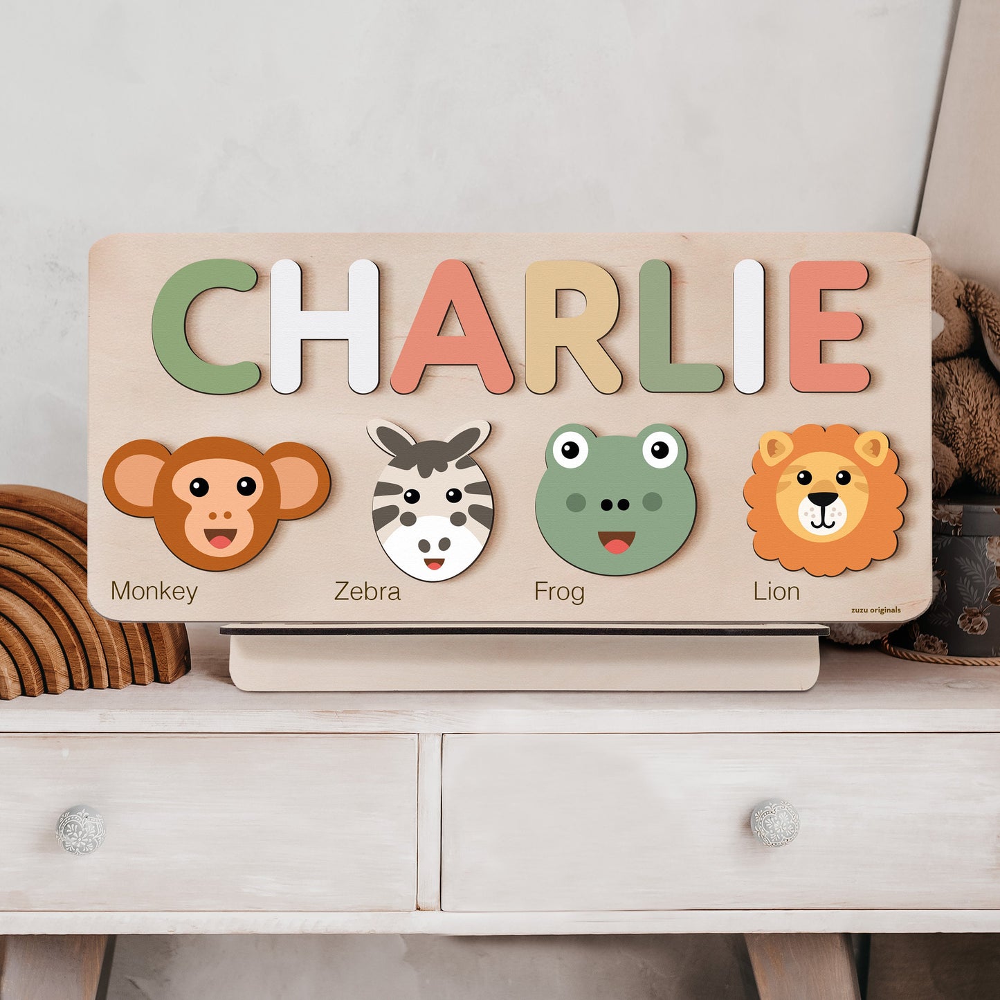 Personalized Name Puzzle with Animals | Custom Baby Girl and Boy Birthday Gift | Emerald Green Toddlers Christmas Gift | Unique Baby Gift