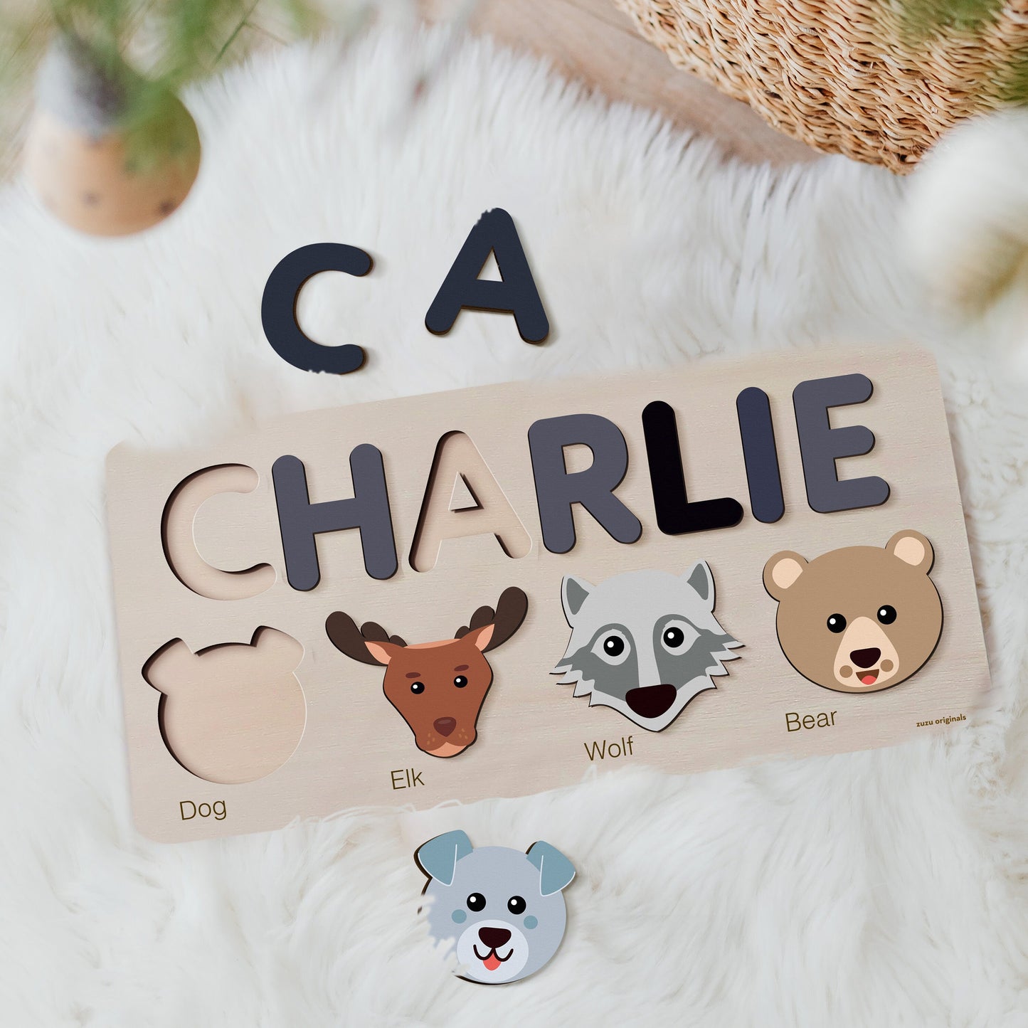 Animals Puzzle with Name, Personalized Puzzle, Christmas Gifts for Toddlers, Custom Animal Wooden Toy, Nursery Decor, First Birthday Gift