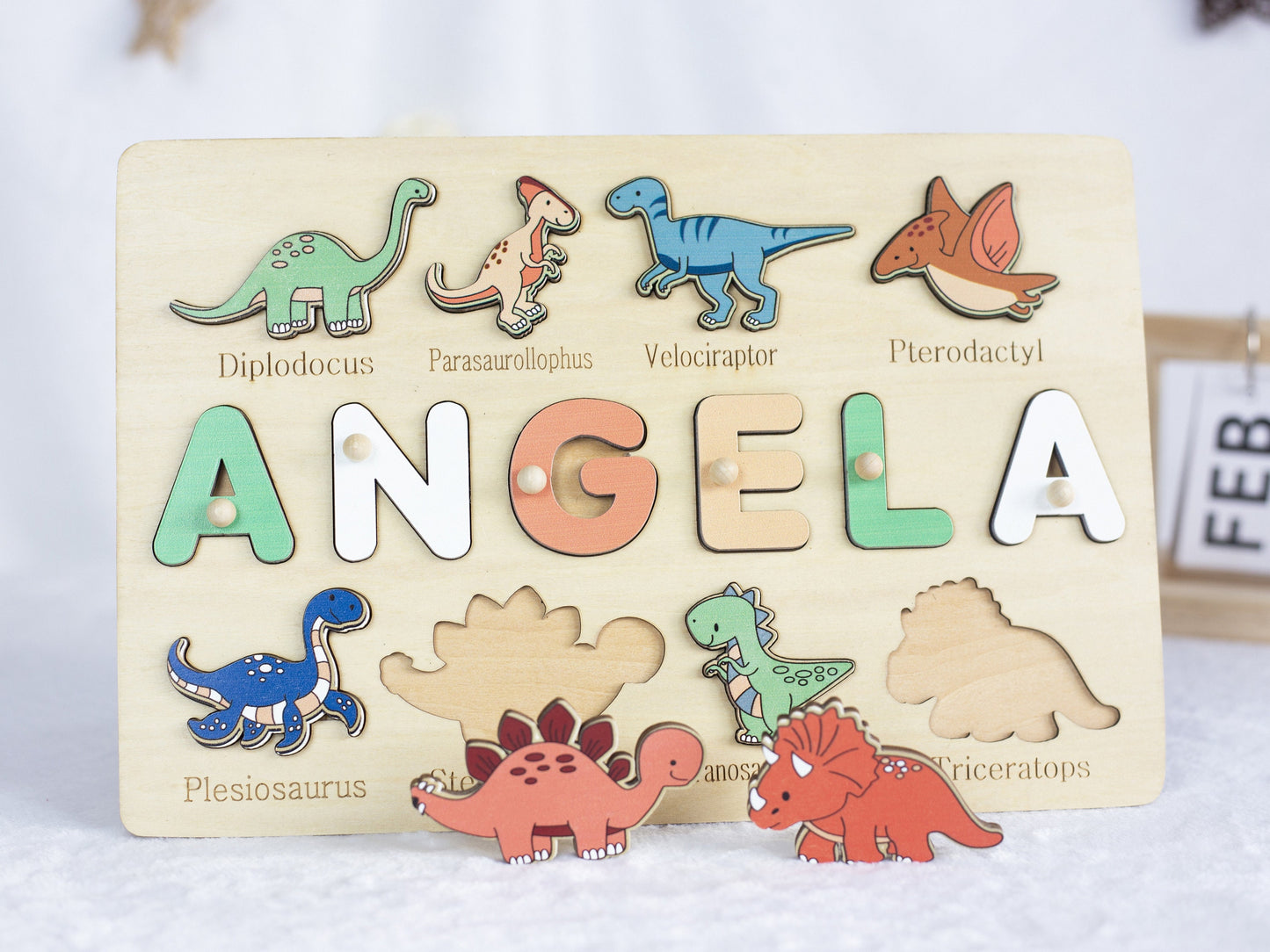 Personalized Baby name puzzle-Dinosaurs Wood puzzle -Birthday gift for boy- Toddlers name puzzle with pegs Baptism