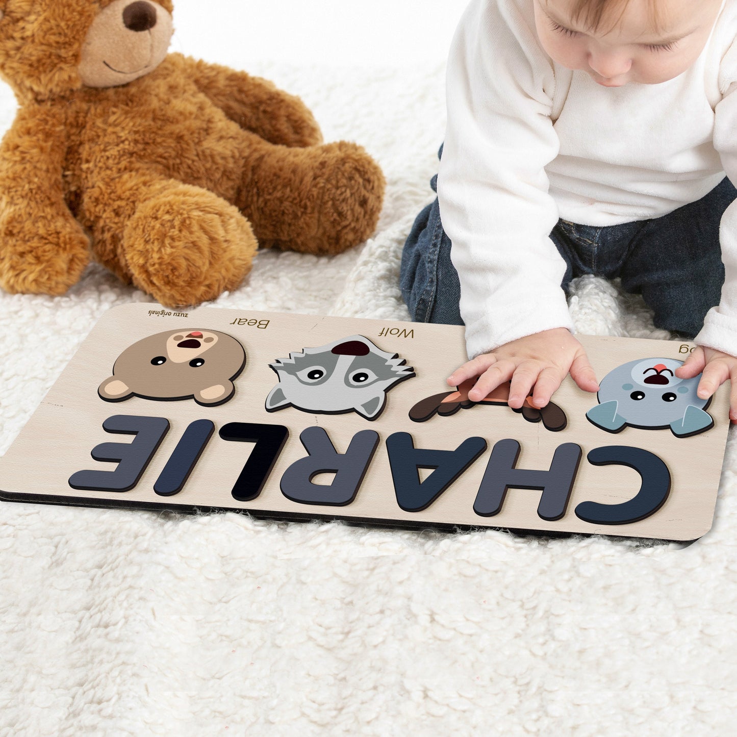 Wood Girl and Boy Name Puzzle with Animals | Personalized Boy and Girl Gift | Baby Name Toy | 0,1,2,3 Years Old Gifts and Toy | Toddler Gift