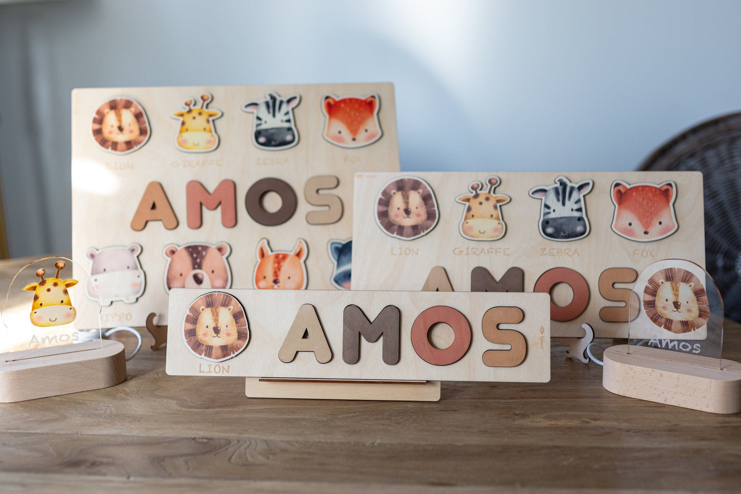 Wooden Name Puzzle with Animals Shapes and Letters  -Educational Toys - Montessori - Birthday Gift - Nursery Decoration