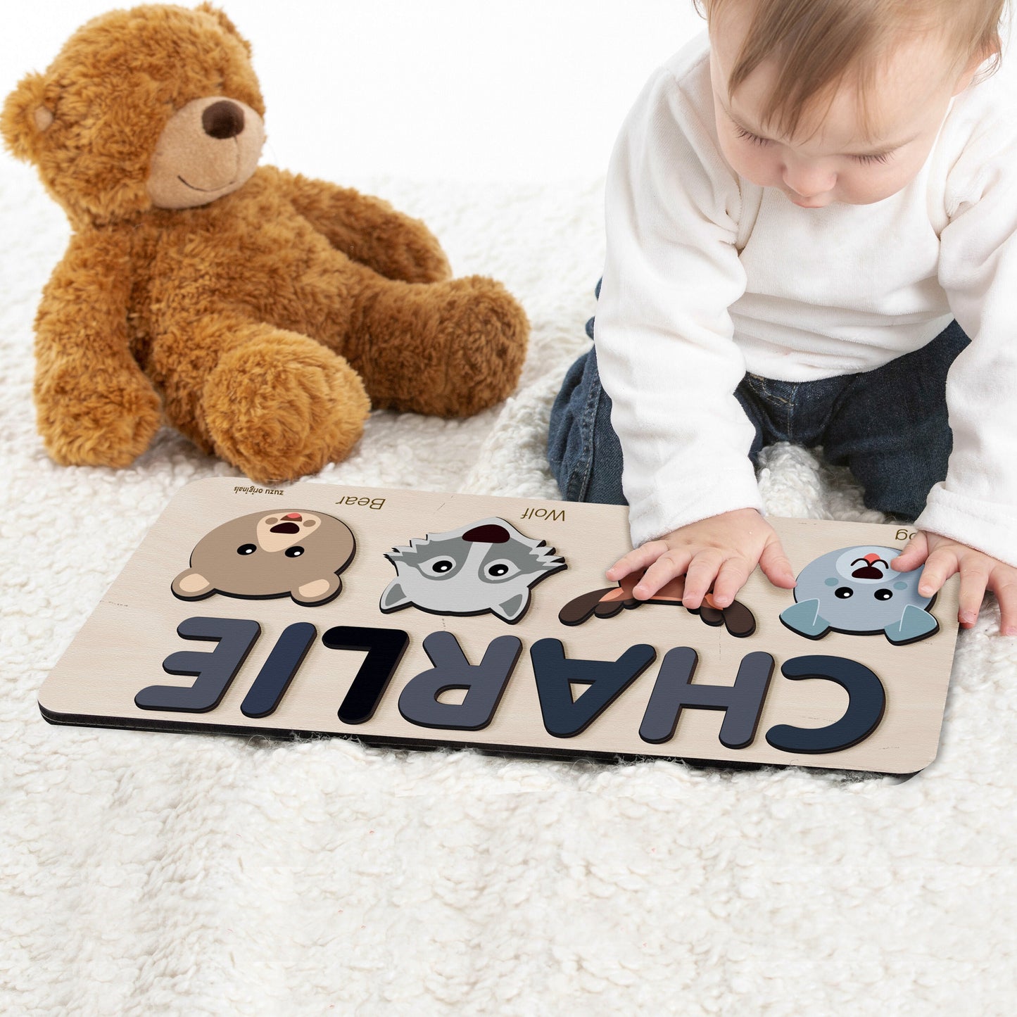 Thematic Name Wooden Puzzle with Animal for Boy and Girls, Kid First Birthday Gift, Personalized Baby Gift, Handmade Custom Name Sign Puzzle