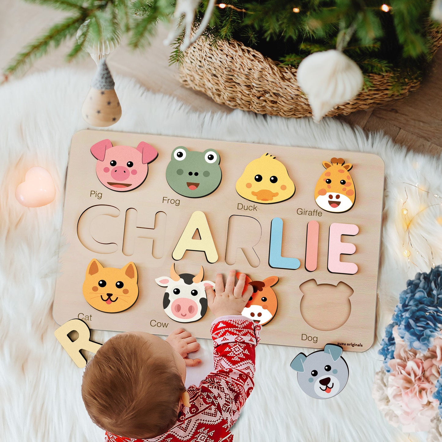 Personalized Name Puzzle with Animals | Custom Baby Girl and Boy Birthday Gift | Emerald Green Toddlers Christmas Gift | Unique Baby Gift