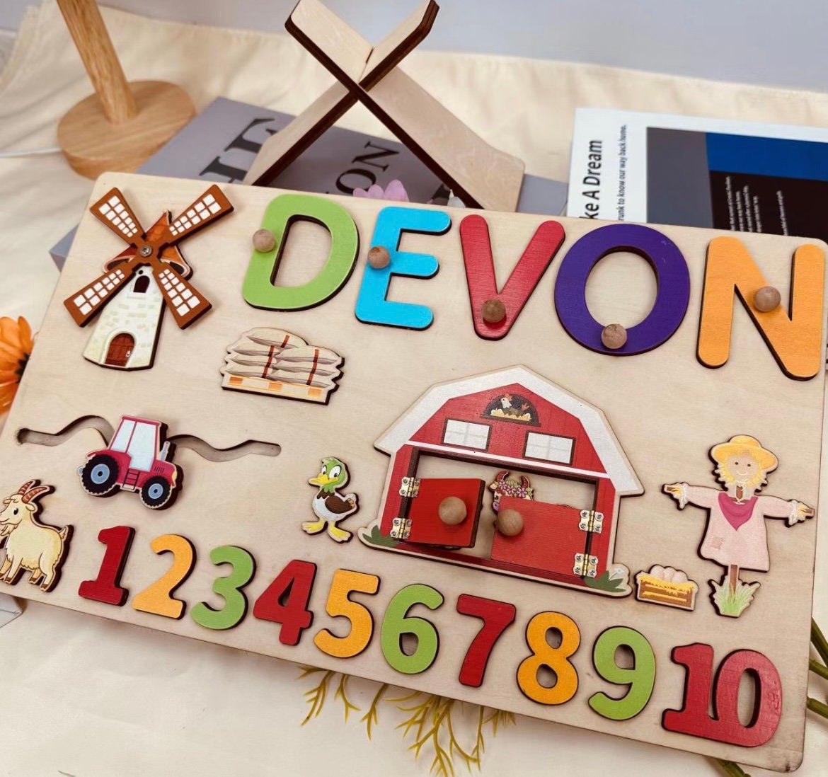 Custom Wooden Name Puzzle-Montessori Personalized Puzzle For Toddlers-1st Birthday Gift for Baby Girl Boy- Colorful Wooden Animals Name Sign