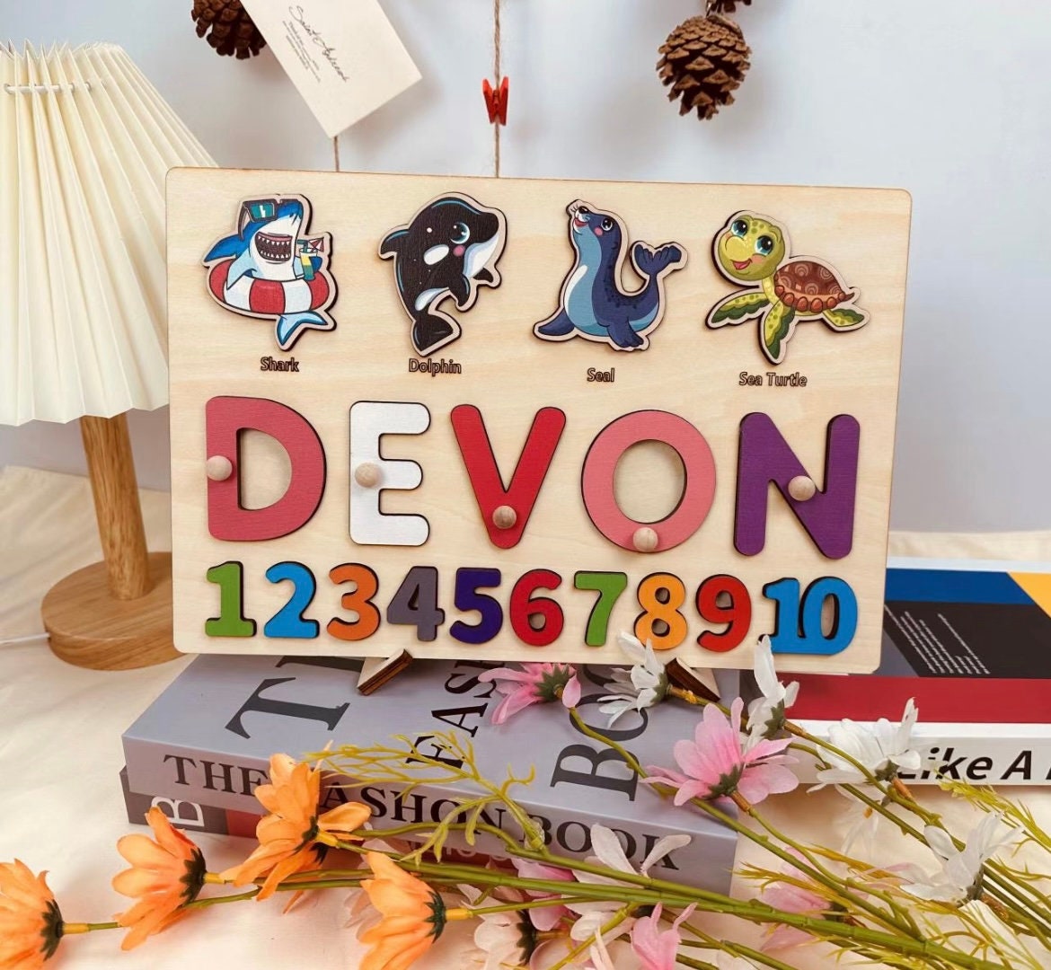 Custom Wooden Name Puzzle-Montessori Personalized Puzzle For Toddlers-1st Birthday Gift for Baby Girl Boy- Colorful Wooden Animals Name Sign