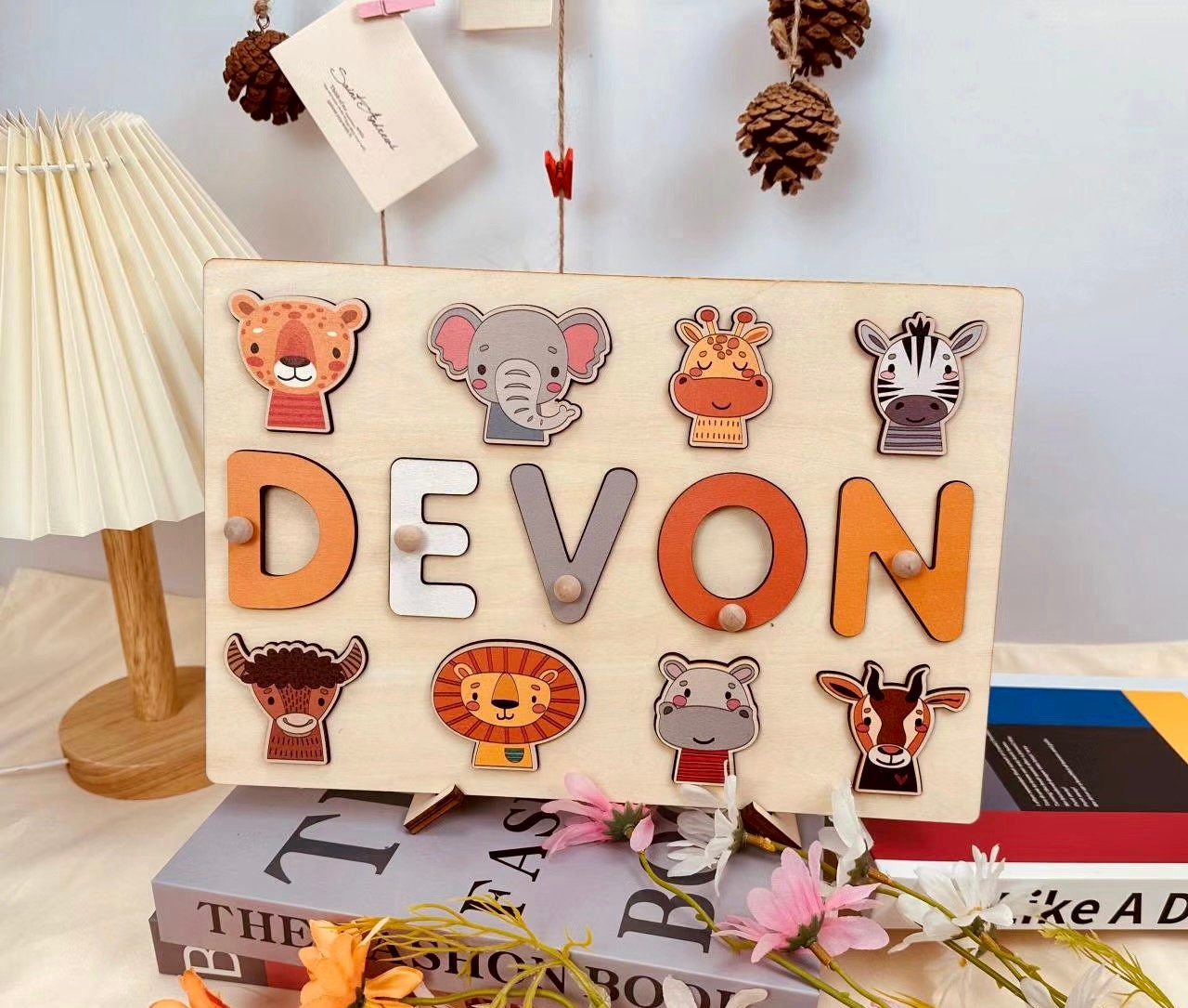 Custom Wooden Name Puzzle-Montessori Personalized Puzzle For Toddlers-1st Birthday Gift for Baby Girl Boy- Colorful Wooden Animals Name Sign