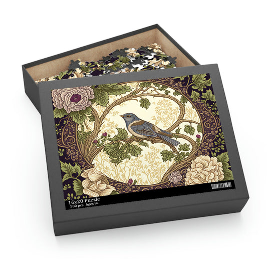 William Morris Inspired Bird in a Forest Jigsaw Puzzle (120, 252, 500-Piece) Cottagecore, Forestcore, Bird in a Forest Botanical Puzzle Game