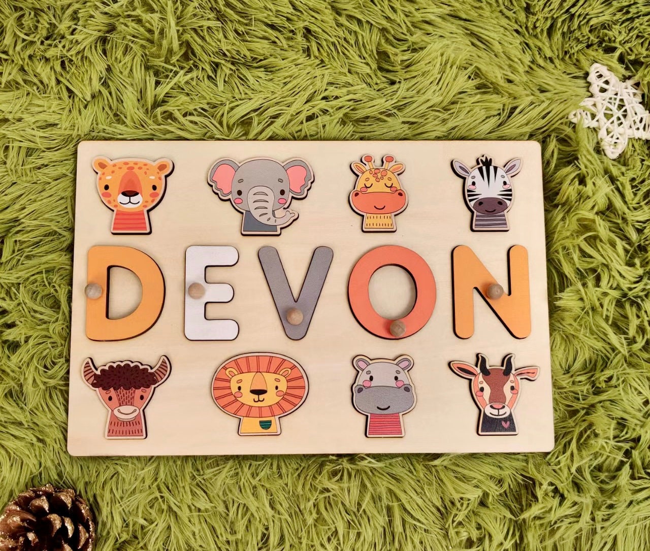 Custom Wooden Name Puzzle-Montessori Personalized Puzzle For Toddlers-1st Birthday Gift for Baby Girl Boy- Colorful Wooden Animals Name Sign