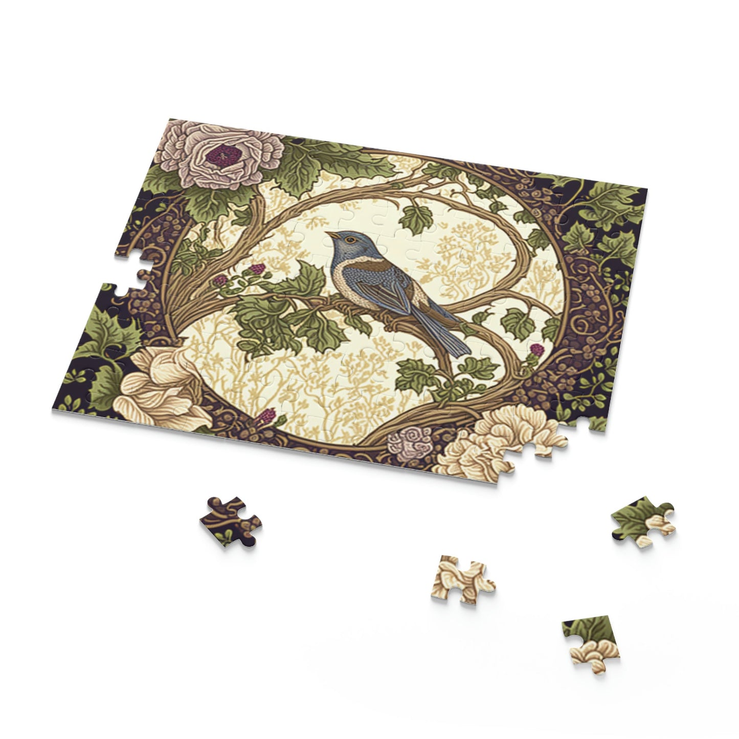 William Morris Inspired Bird in a Forest Jigsaw Puzzle (120, 252, 500-Piece) Cottagecore, Forestcore, Bird in a Forest Botanical Puzzle Game