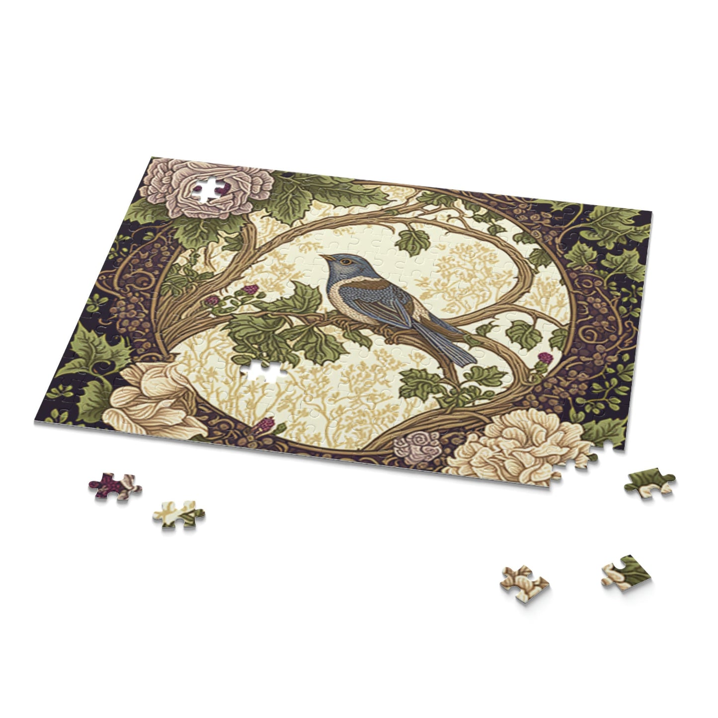 William Morris Inspired Bird in a Forest Jigsaw Puzzle (120, 252, 500-Piece) Cottagecore, Forestcore, Bird in a Forest Botanical Puzzle Game