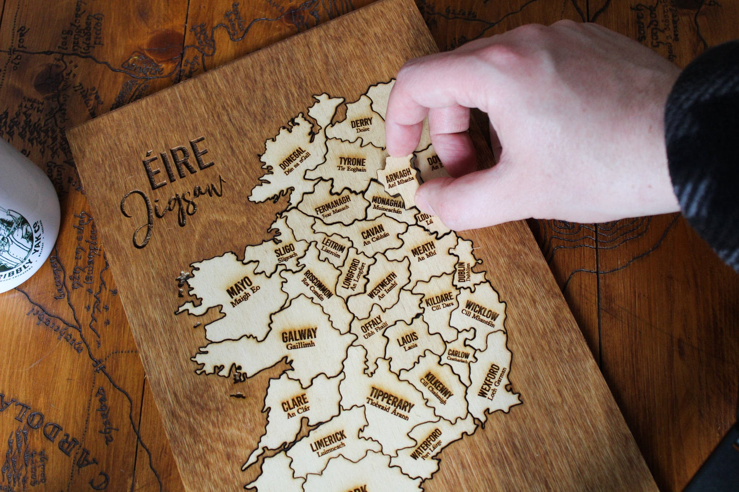 Ireland map wooden jigsaw Irish counties 32 pieces puzzle traditional wooden Rustic Wood Pyrography Gaelic made in ireland home decor game