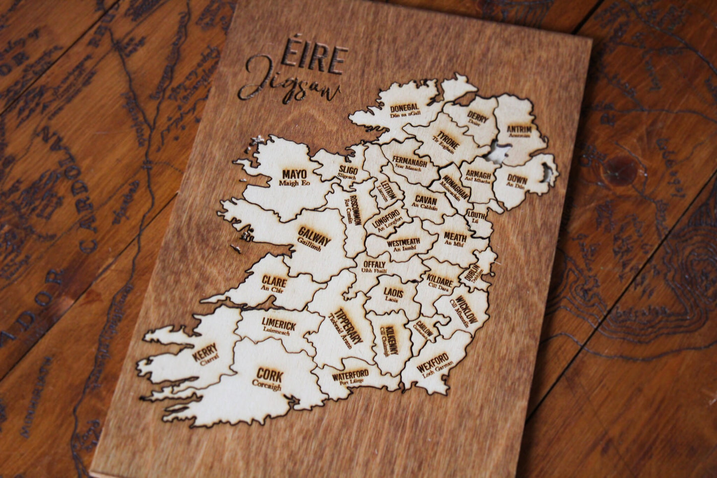 Ireland map wooden jigsaw Irish counties 32 pieces puzzle traditional wooden Rustic Wood Pyrography Gaelic made in ireland home decor game