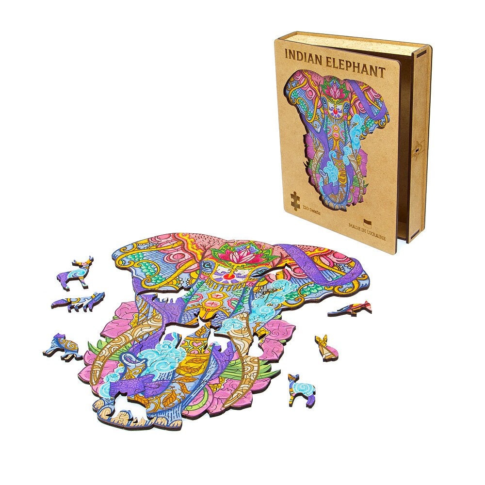 Elephant toy gift, Indian elephant puzzle 120 pieces, Wooden jigsaw puzzle for kids and adults, Animal lover puzzles, Birthday gift for kids