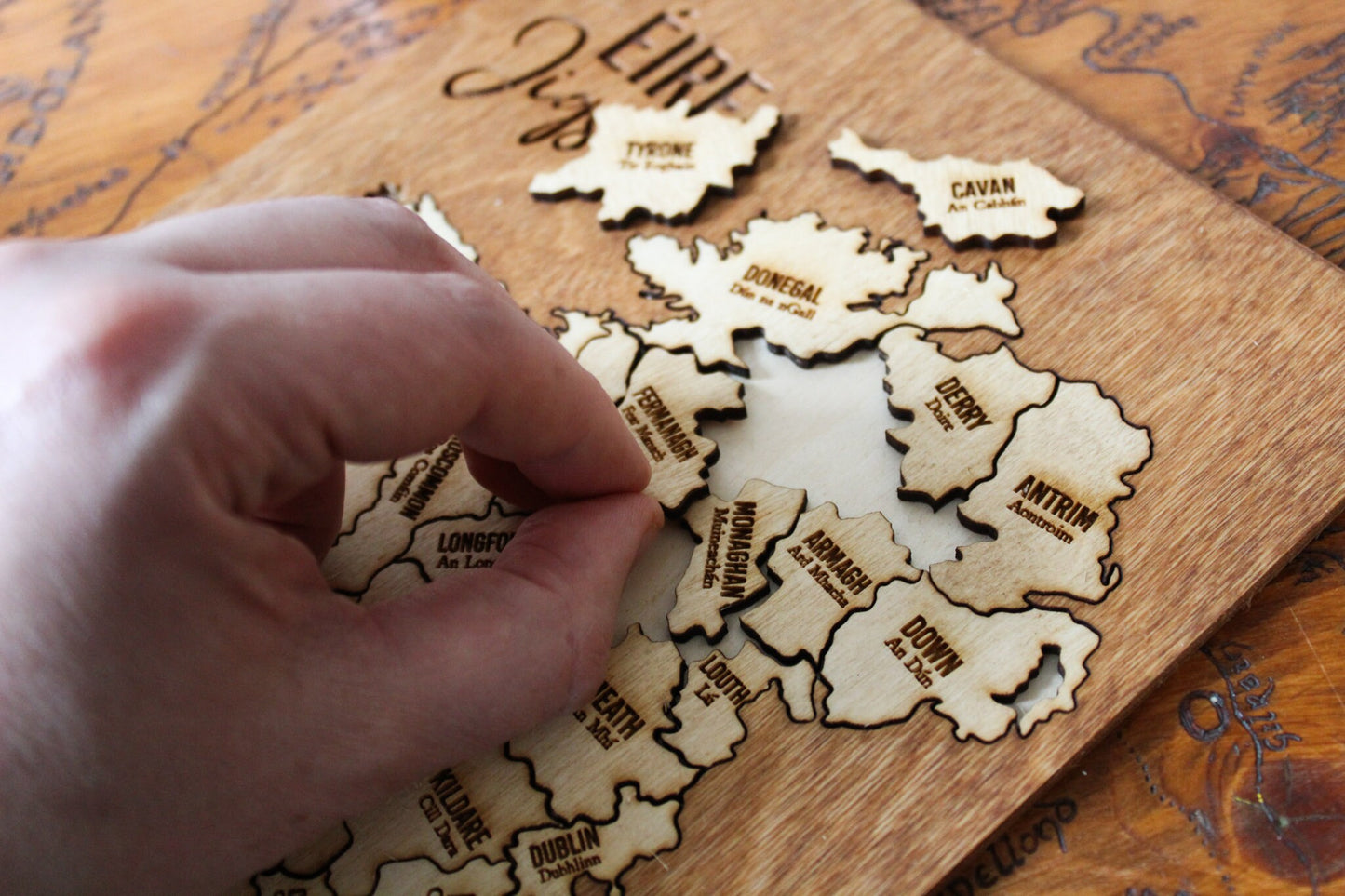 Ireland map wooden jigsaw Irish counties 32 pieces puzzle traditional wooden Rustic Wood Pyrography Gaelic made in ireland home decor game