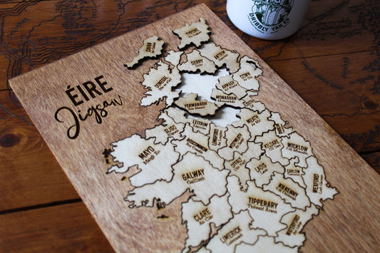 Ireland map wooden jigsaw Irish counties 32 pieces puzzle traditional wooden Rustic Wood Pyrography Gaelic made in ireland home decor game