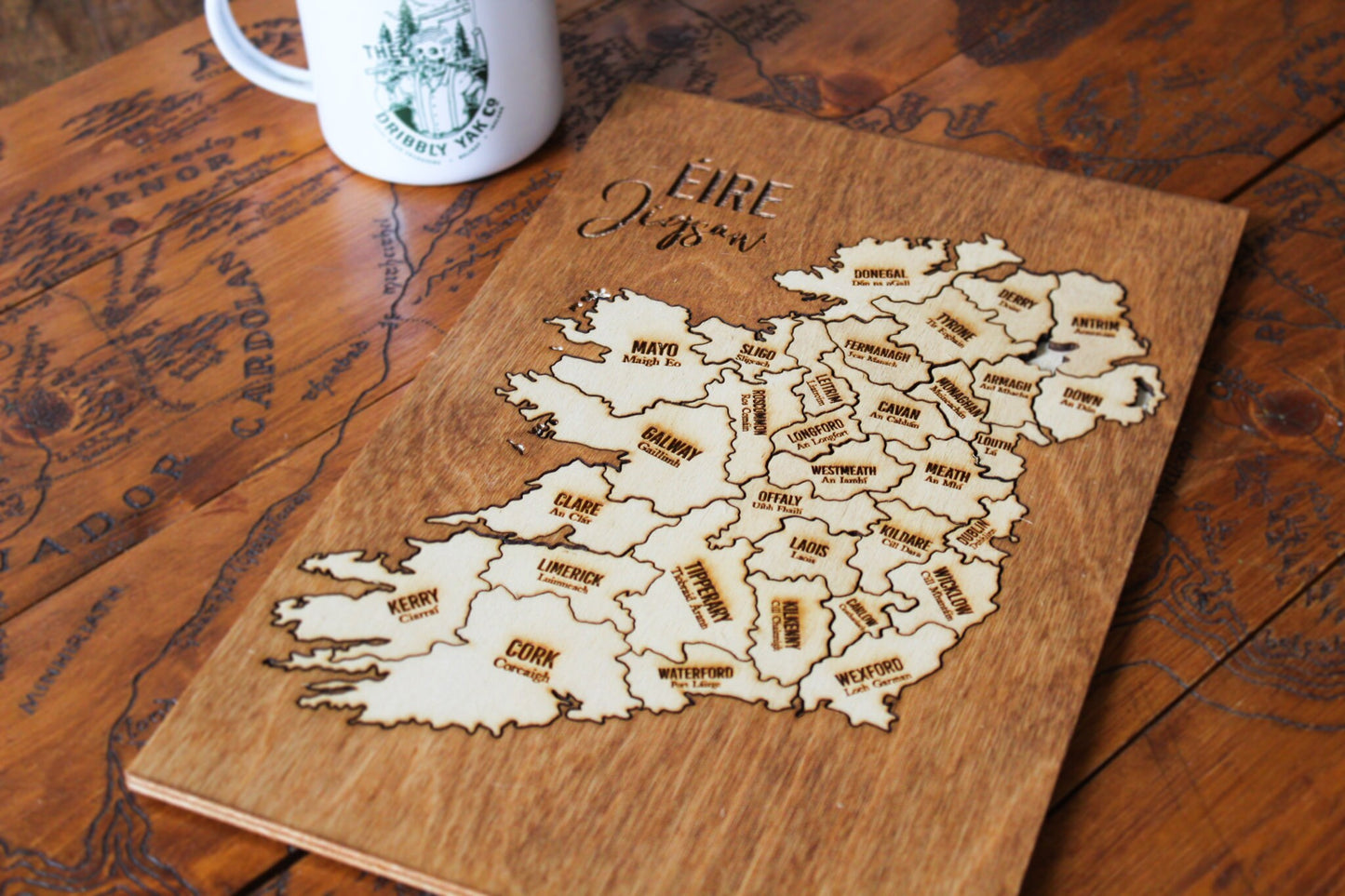 Ireland map wooden jigsaw Irish counties 32 pieces puzzle traditional wooden Rustic Wood Pyrography Gaelic made in ireland home decor game