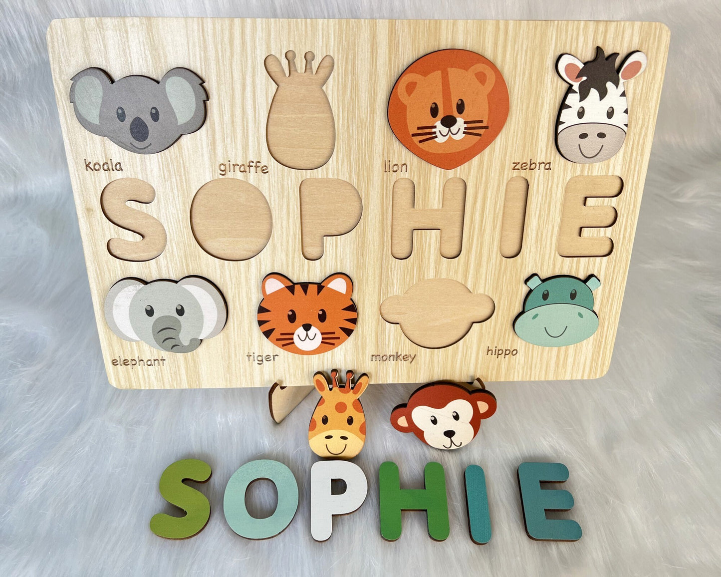 Custom Handmade Puzzle with Animals,Wooden Name Puzzle,Personalized Baby Name Puzzle,Montessori Baby Toys, Kids gift,Baby shower gift