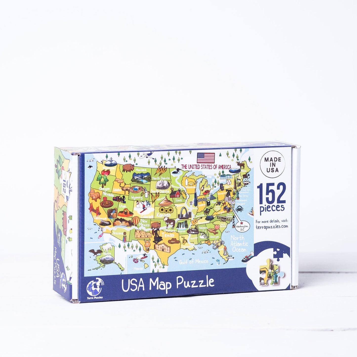 USA Illustrated Map Wooden Jigsaw Puzzle for Children and Adults, 152 Piece Wood Board Games, Holiday Gift Ideas, United States Cultural