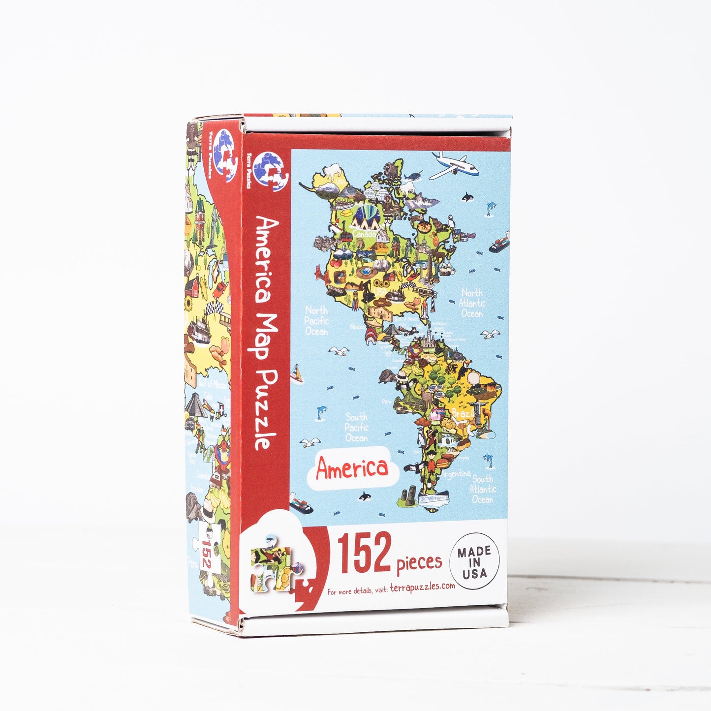 America Continent Map Wooden Jigsaw Puzzle, Educational Illustrated Map Puzzle for Children, Food Cultural Trademark, Kids Wood Board Games