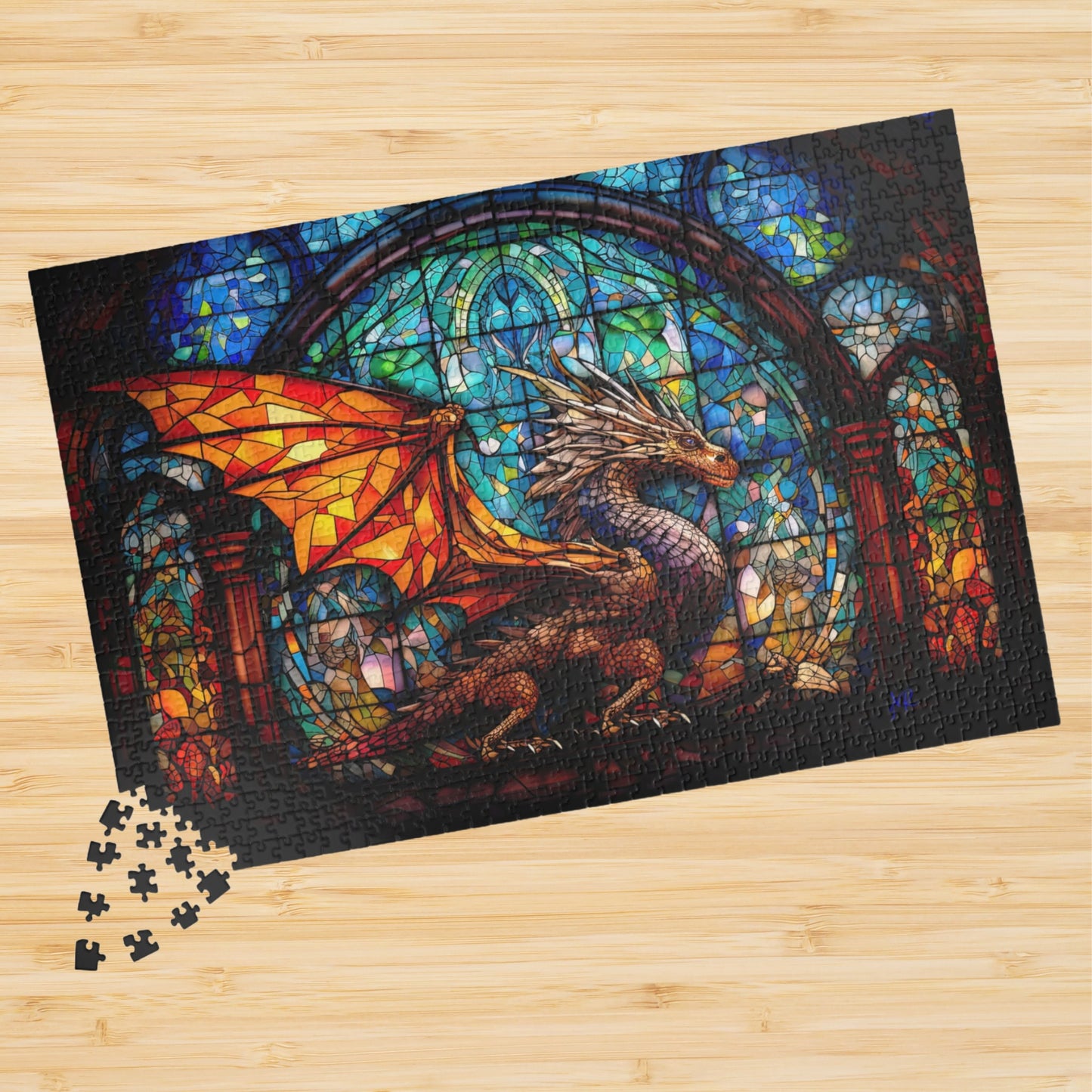 Puzzle Dragon Jigsaw Puzzle Stained Glass Dragon Puzzle 1000 Piece Adult Puzzle Colorful Fantasy Dragon Puzzle Stained-Glass Gothic Puzzle