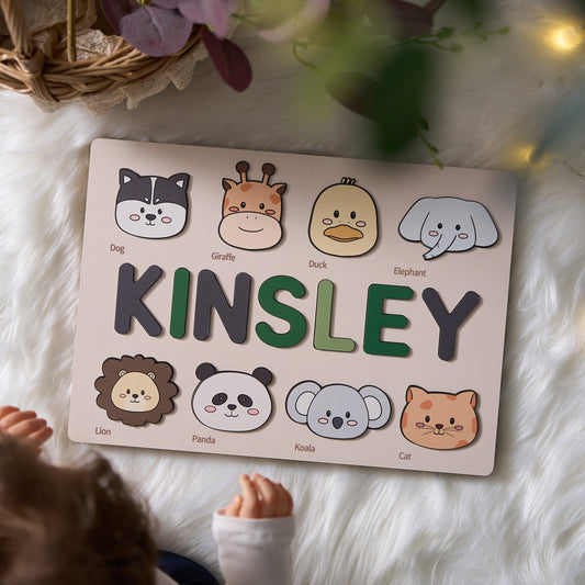 Customizable wooden puzzle - personalized name puzzle for toddlers - educational toy with cute and colorful animals