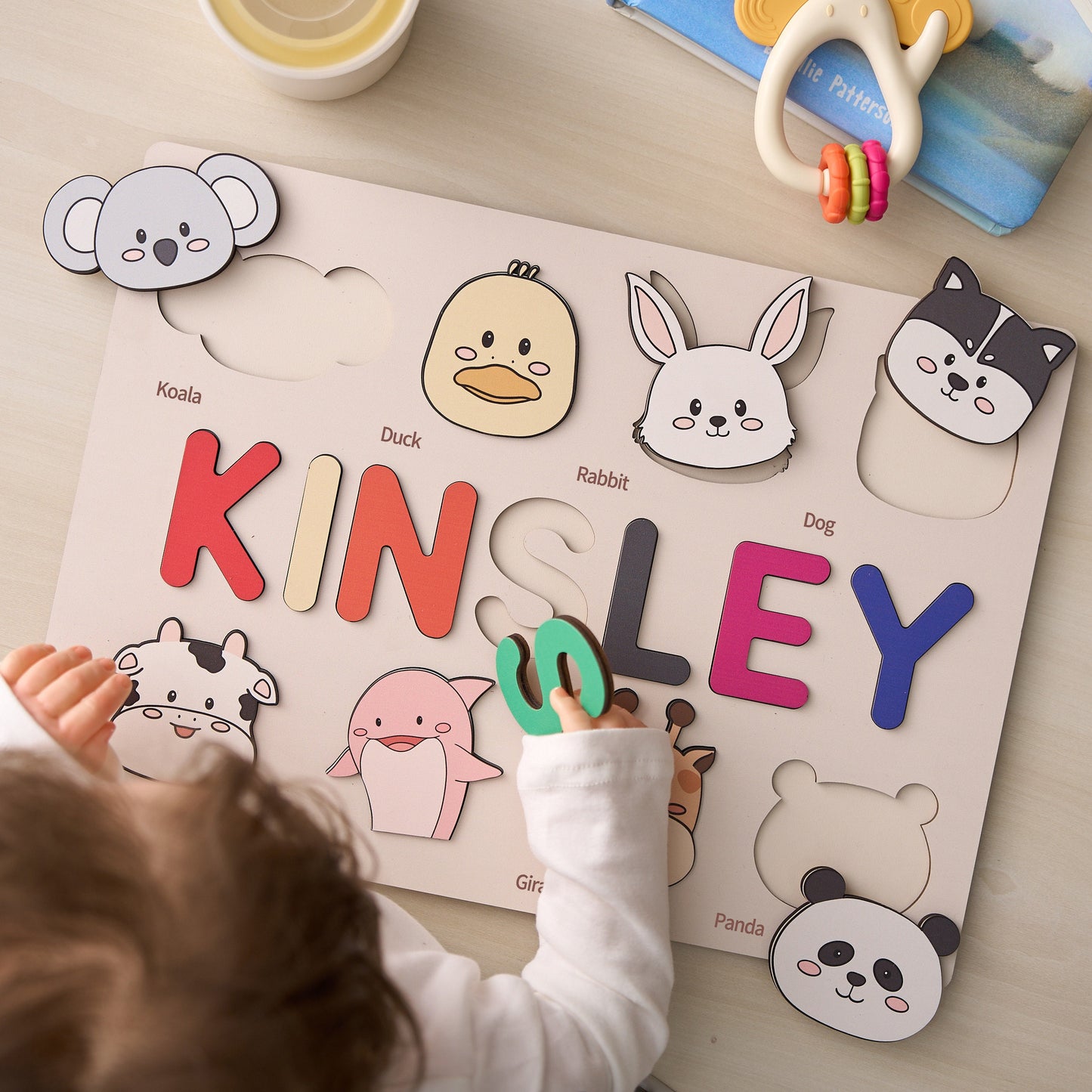 Customizable wooden puzzle - personalized name puzzle for toddlers - educational toy with cute and colorful animals