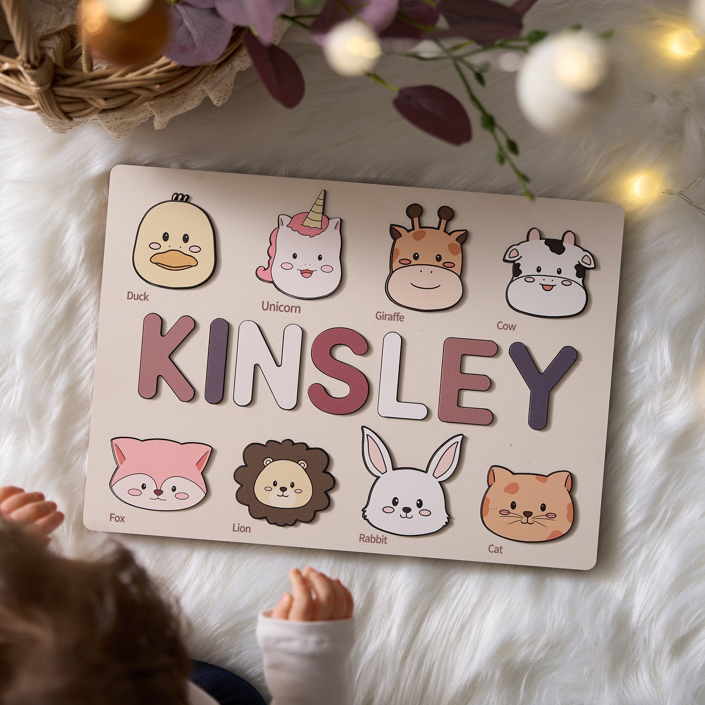 Customizable wooden puzzle - personalized name puzzle for toddlers - educational toy with cute and colorful animals