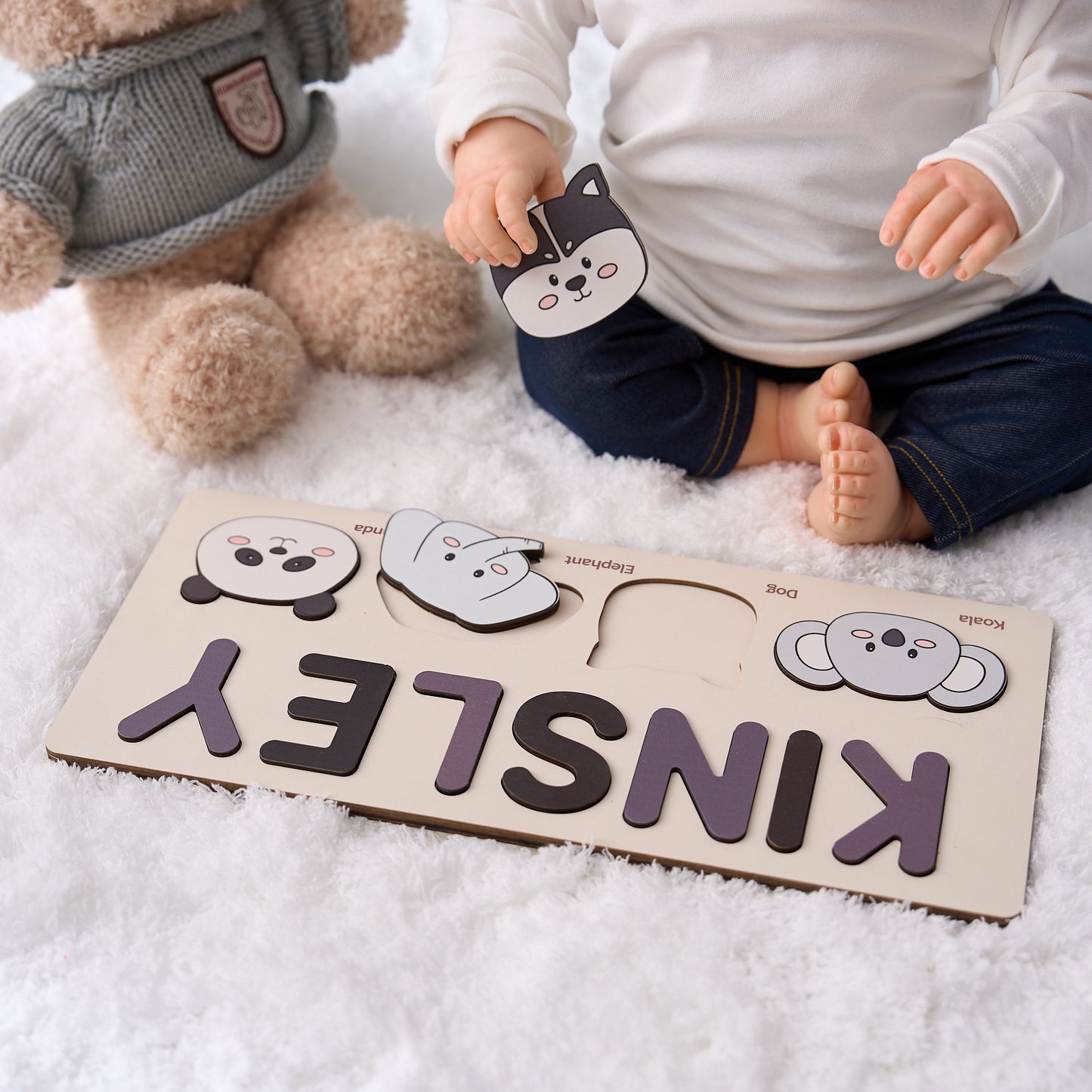 Customizable wooden puzzle - personalized name puzzle for toddlers - educational toy with cute and colorful animals