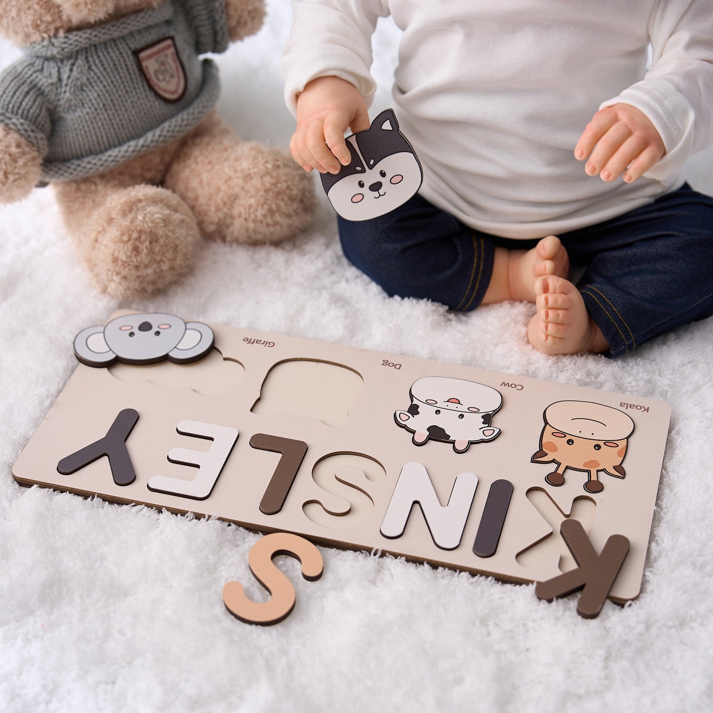 Customizable wooden puzzle - personalized name puzzle for toddlers - educational toy with cute and colorful animals