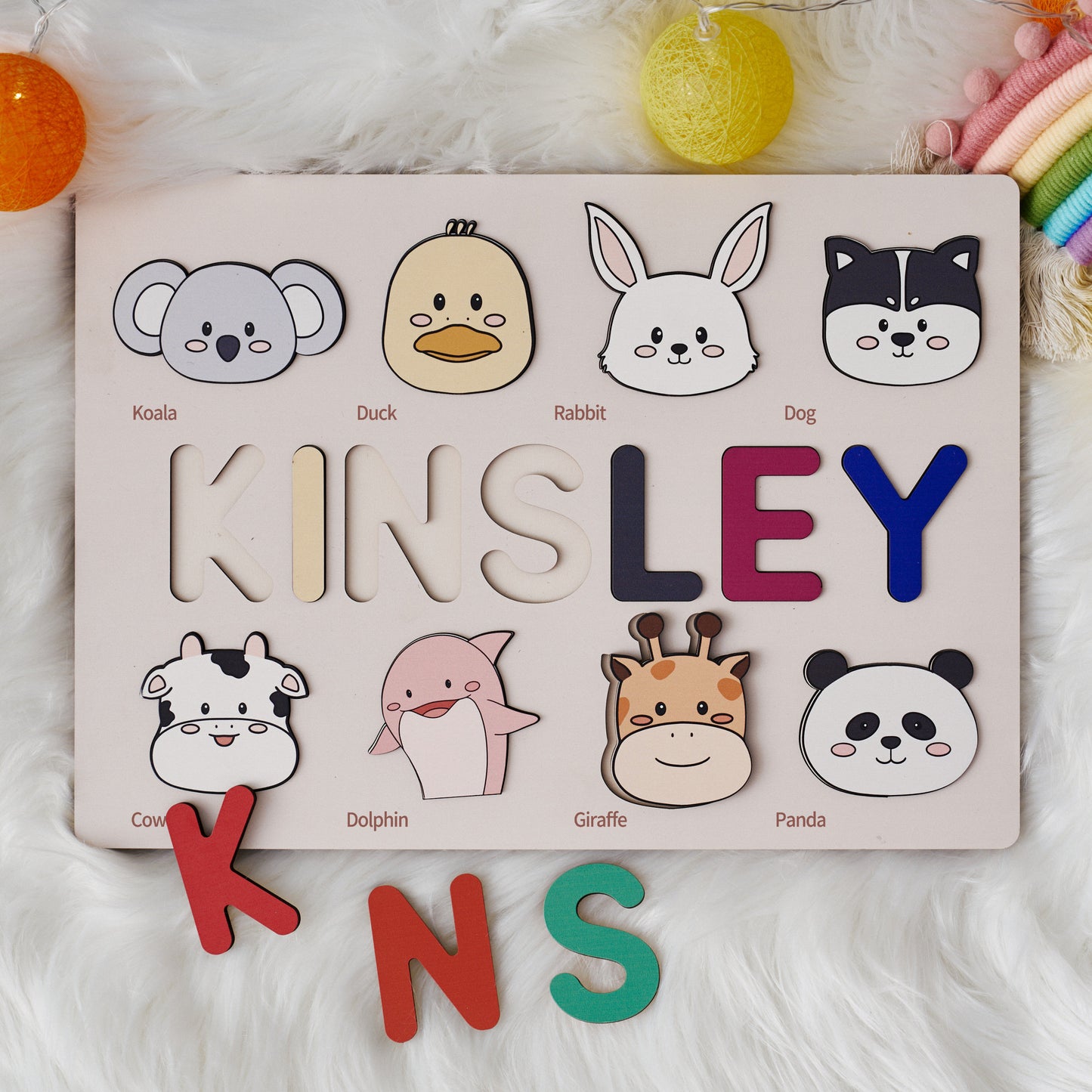 Customizable wooden puzzle - personalized name puzzle for toddlers - educational toy with cute and colorful animals