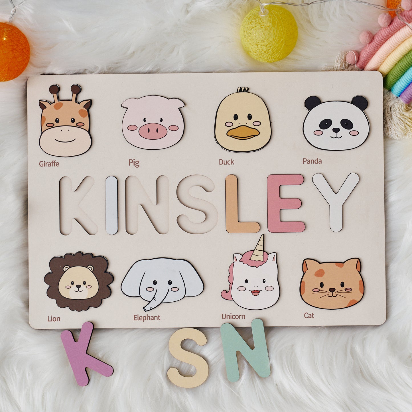 Customizable wooden puzzle - personalized name puzzle for toddlers - educational toy with cute and colorful animals