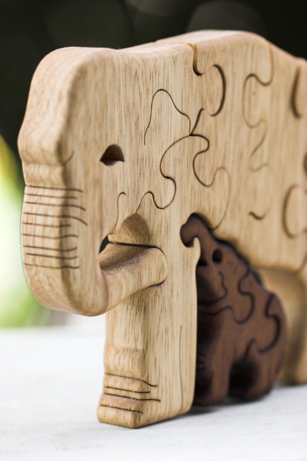 Handmade Elephant & Baby Puzzle - Wooden Interlocking Family Toy - Perfect Gift for Animal Lovers